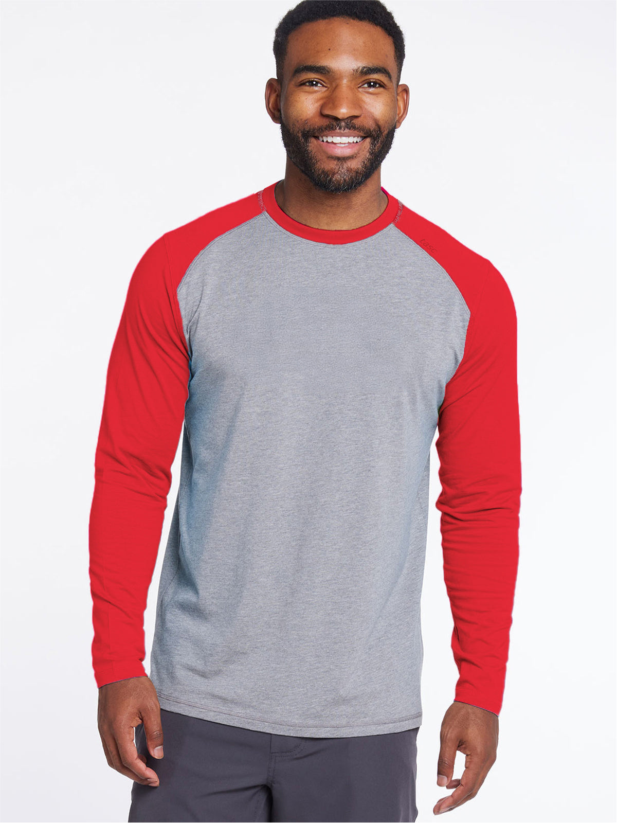 Carrollton Long Sleeve Baseball T-Shirt - Light Heather Gray/Bright Red